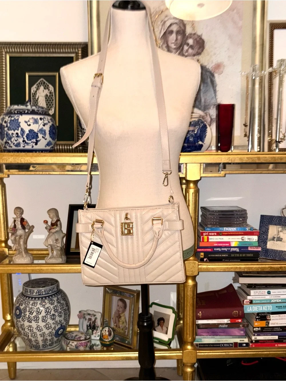 bebe Cream Quilted Satchel with Gold Hardware and Strap